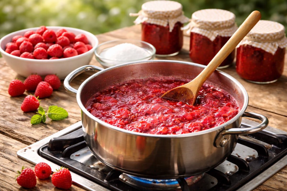 Making strawberry jam with finished jam jars in the background illustrating the separable German verb einmachen