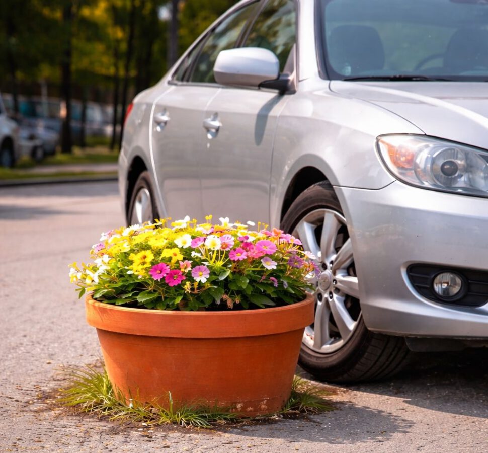 Car drives around a flower pot, example of the verb umfahren as an inseparable verb, learn German Frankfurt
